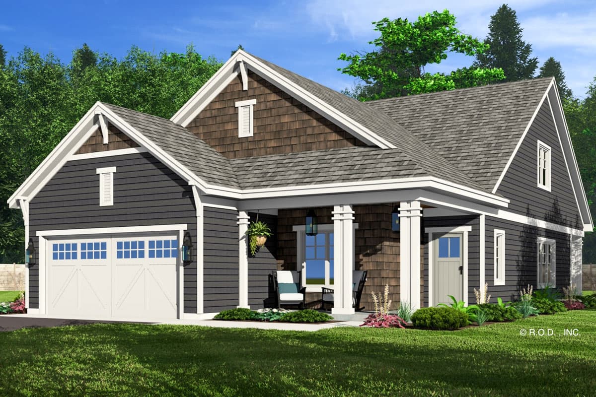 House plan exterior: One-story Modern Farmhouse with a covered front porch, gabled dormers, and a two-car side-entry garage.