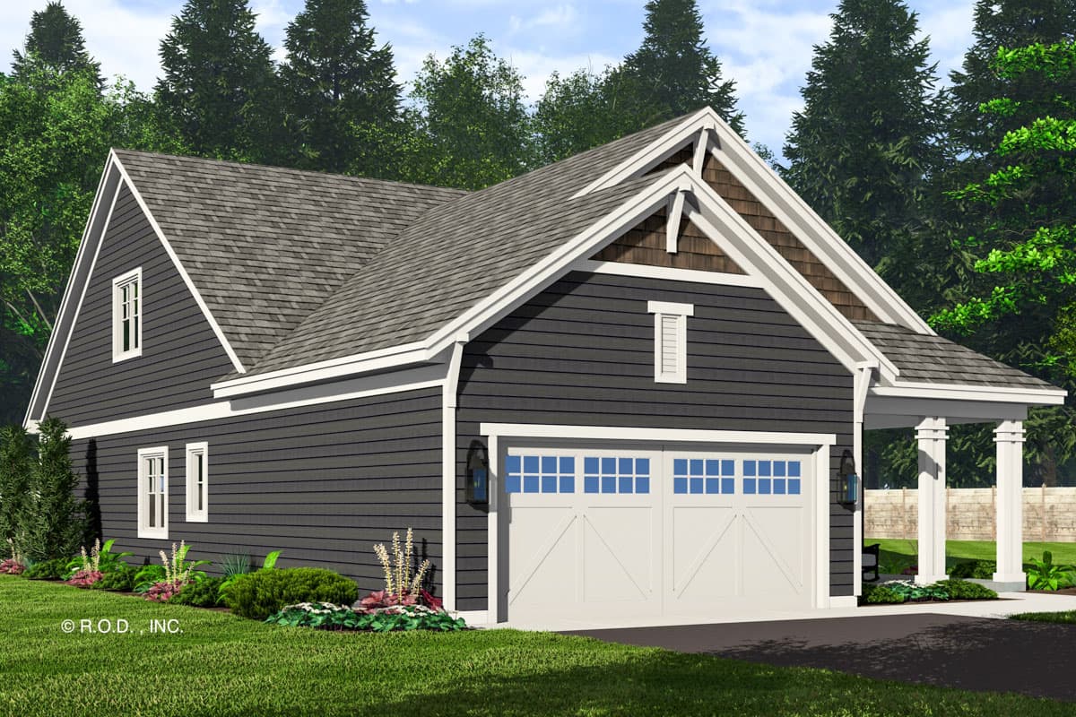 House plan exterior: Modern Farmhouse style, one story, with a double garage, gabled roof, and covered porch.