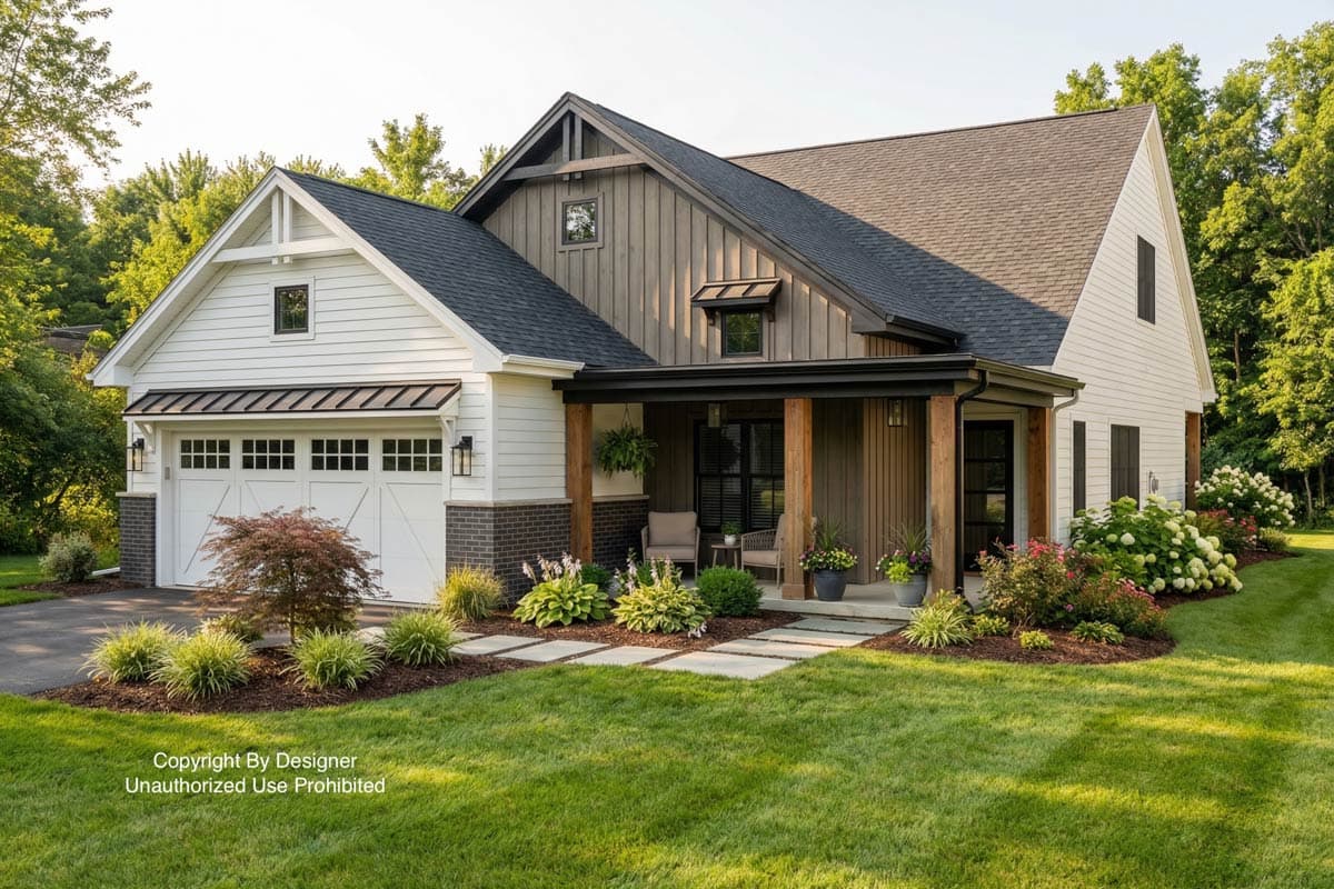 A modern farmhouse with a white garage door and brown siding. A covered porch with wooden pillars leads to the front door, with lush landscaping.