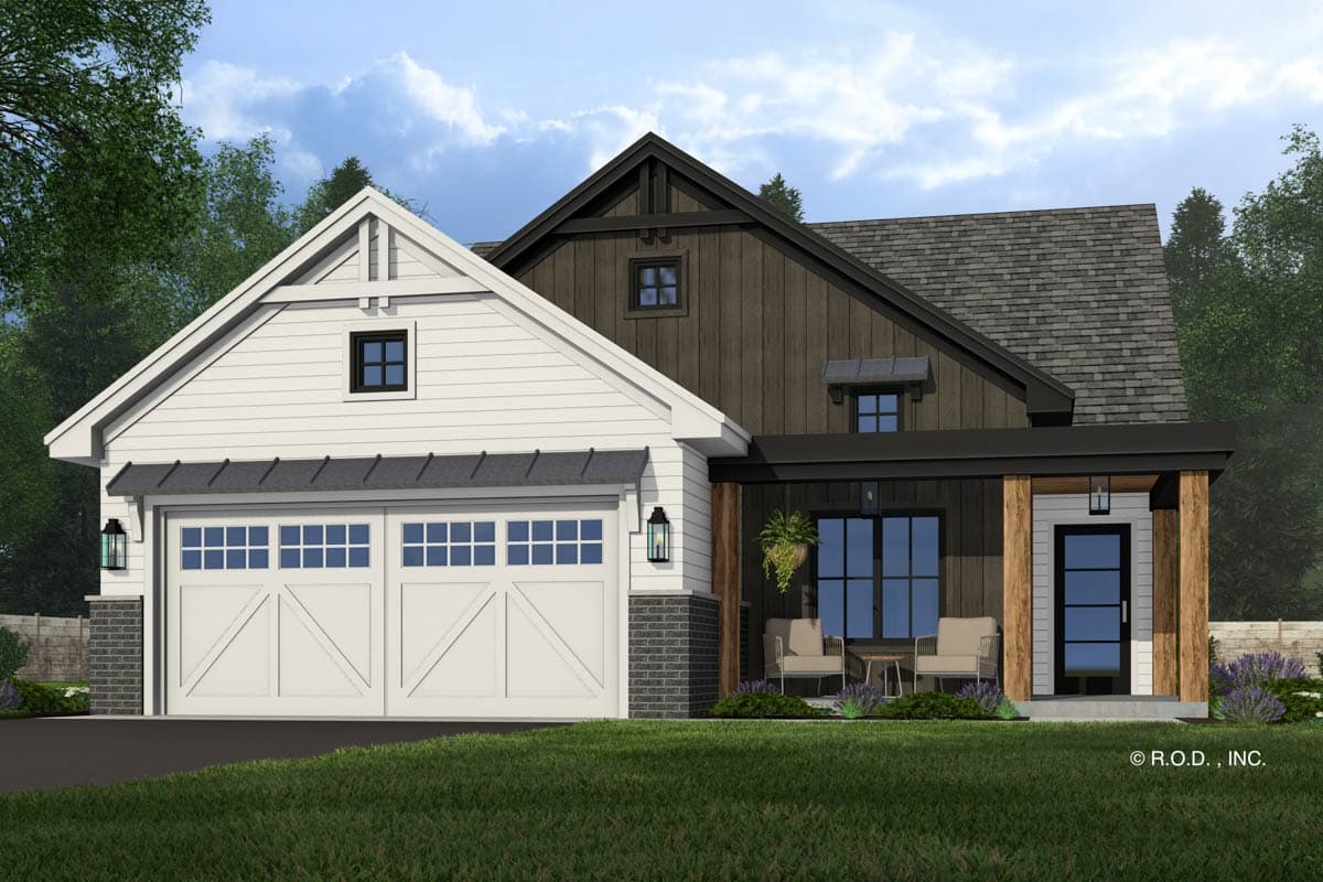 House plan exterior: Modern Farmhouse style, two stories, white siding, dark wood accents, attached two-car garage, covered entry.