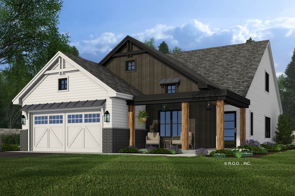 House plan exterior: Modern Farmhouse style, two stories, with a gable roof, covered porch, and a side-entry garage.