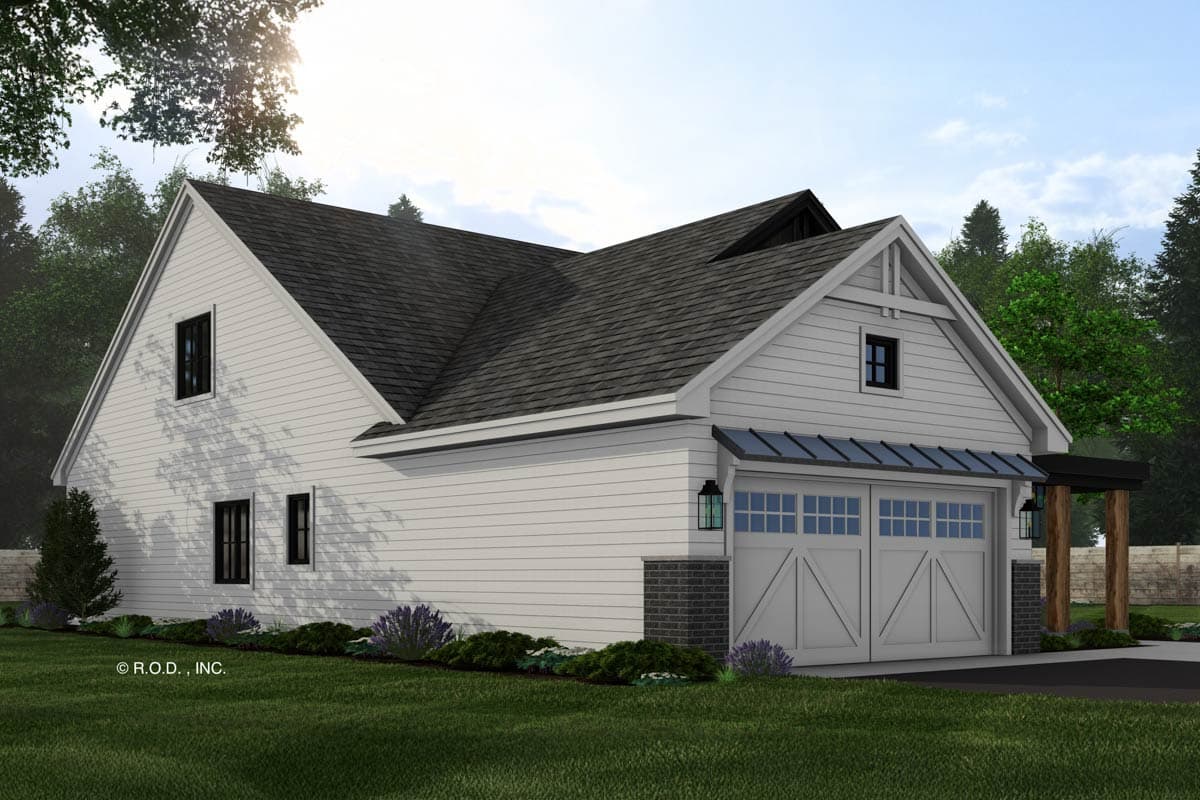 House plan exterior: Modern Farmhouse style, 2-story, side-entry garage with gable dormer and covered entrance.
