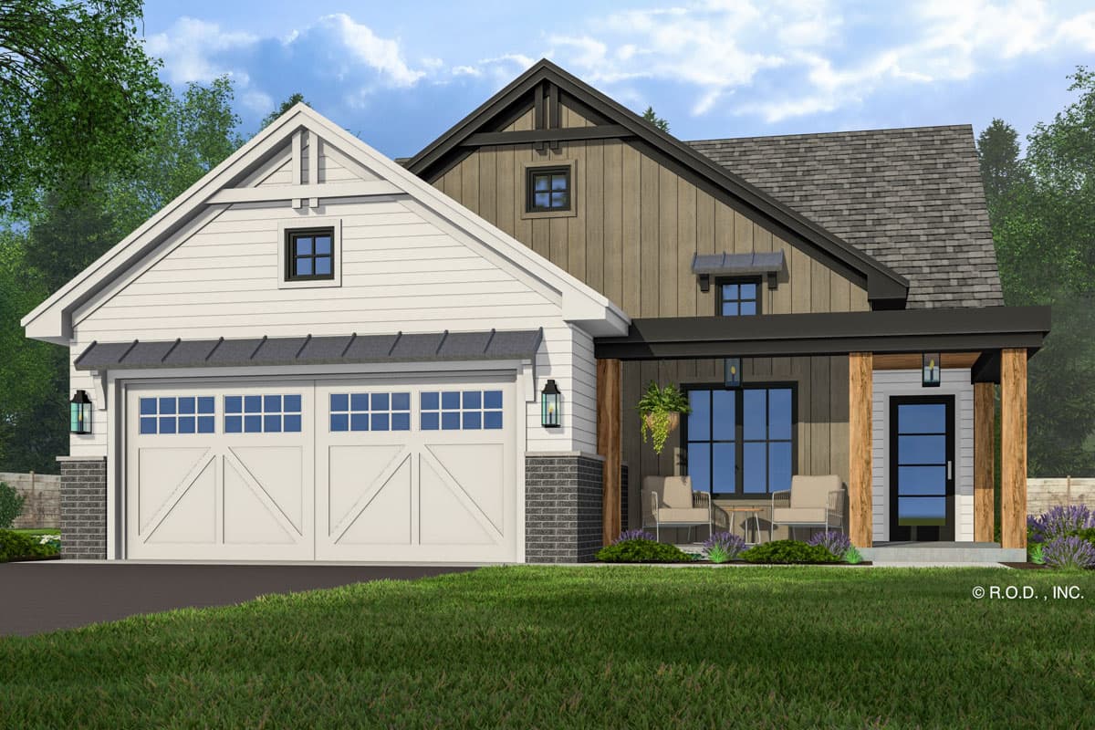 House plan exterior: Modern Farmhouse style, two stories, white siding, wood-clad gable, metal roof, covered porch, and double garage.