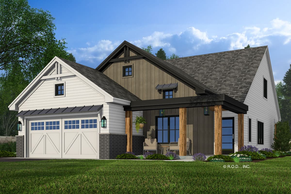 Modern Farmhouse house plan exterior with two-car garage, gabled dormer, and covered front porch with timber posts.