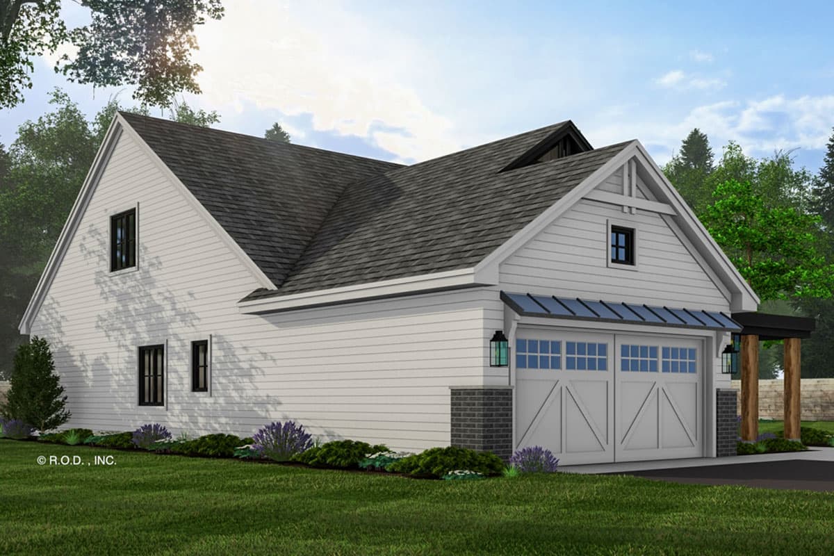 House plan exterior: two-story Modern Farmhouse with gabled rooflines, a dual garage door, and exposed wood structural elements.