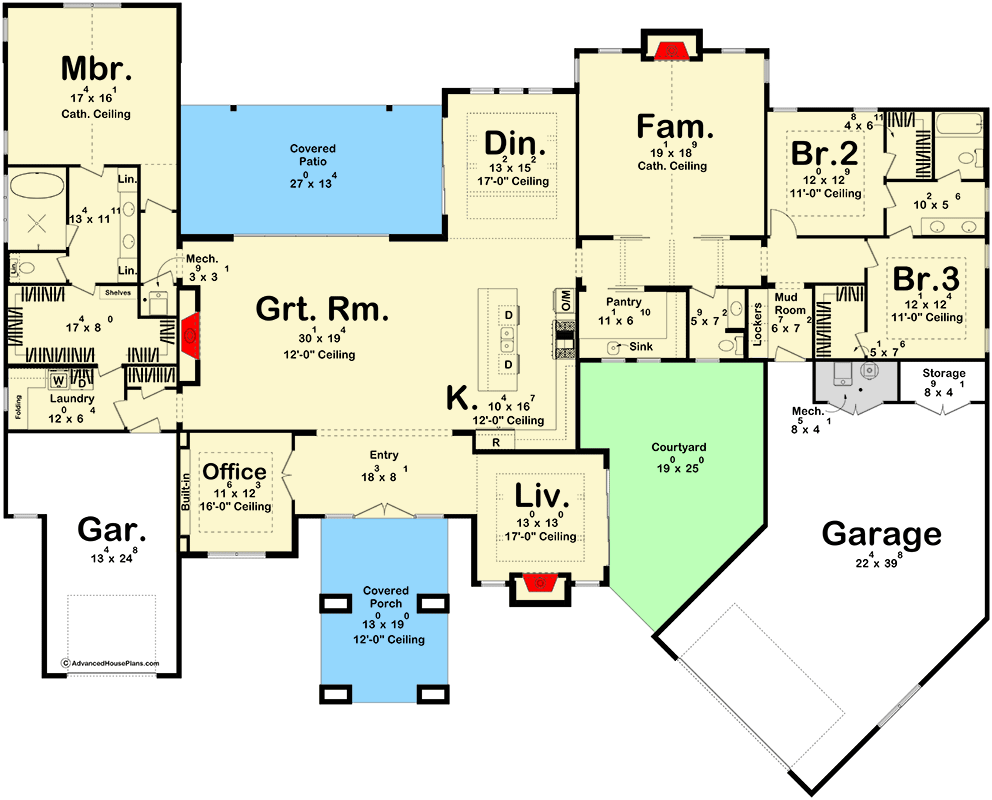 Plan 623453DJ: Single-Story Texas Hill Country House Plan with Courtyard and Angled Garage - 3584 Sq Ft - Floor Plan - Main Level - Hill Country, Mountain, Ranch