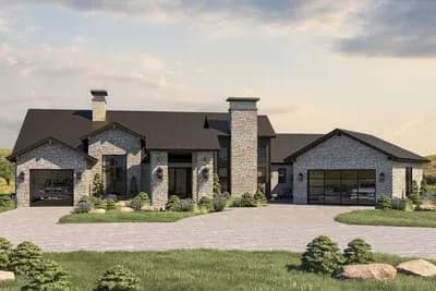 Single-Story Texas Hill Country House Plan with Courtyard and Angled Garage - 3584 Sq Ft