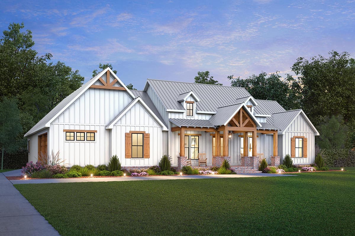 Modern Farmhouse house plan exterior with gables, wood trusses, dormers, and a covered front porch.