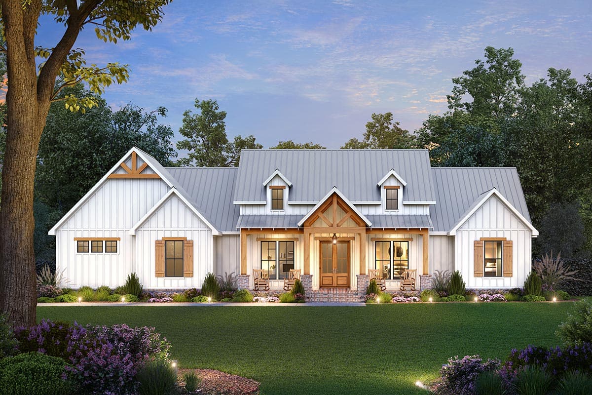 House plan exterior. Modern Farmhouse style with one story, board and batten siding, front porch with exposed beams, gabled roof, and dormers.