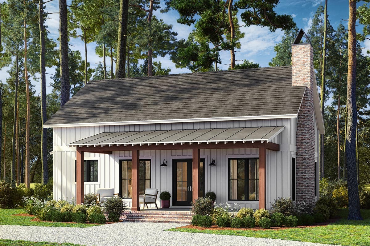 House plan exterior with board and batten siding, metal roof, and exposed beam porch. Features a brick chimney and a single story.