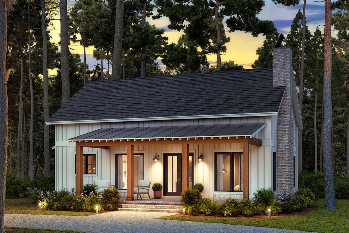 Modern Farmhouse style house plan exterior with a covered porch, board and batten siding, and a brick chimney.