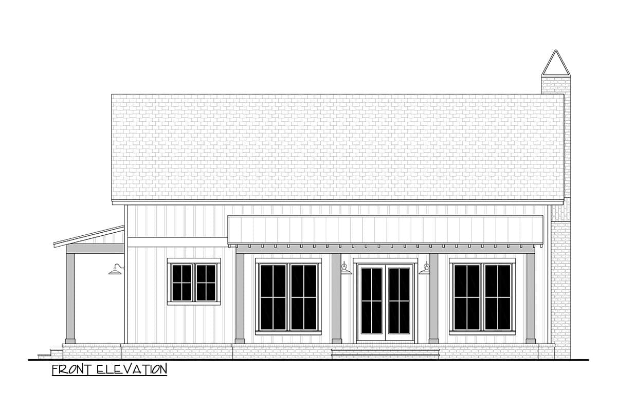 Front elevation drawing of a house with a covered porch, double doors, multiple windows, and a brick chimney.