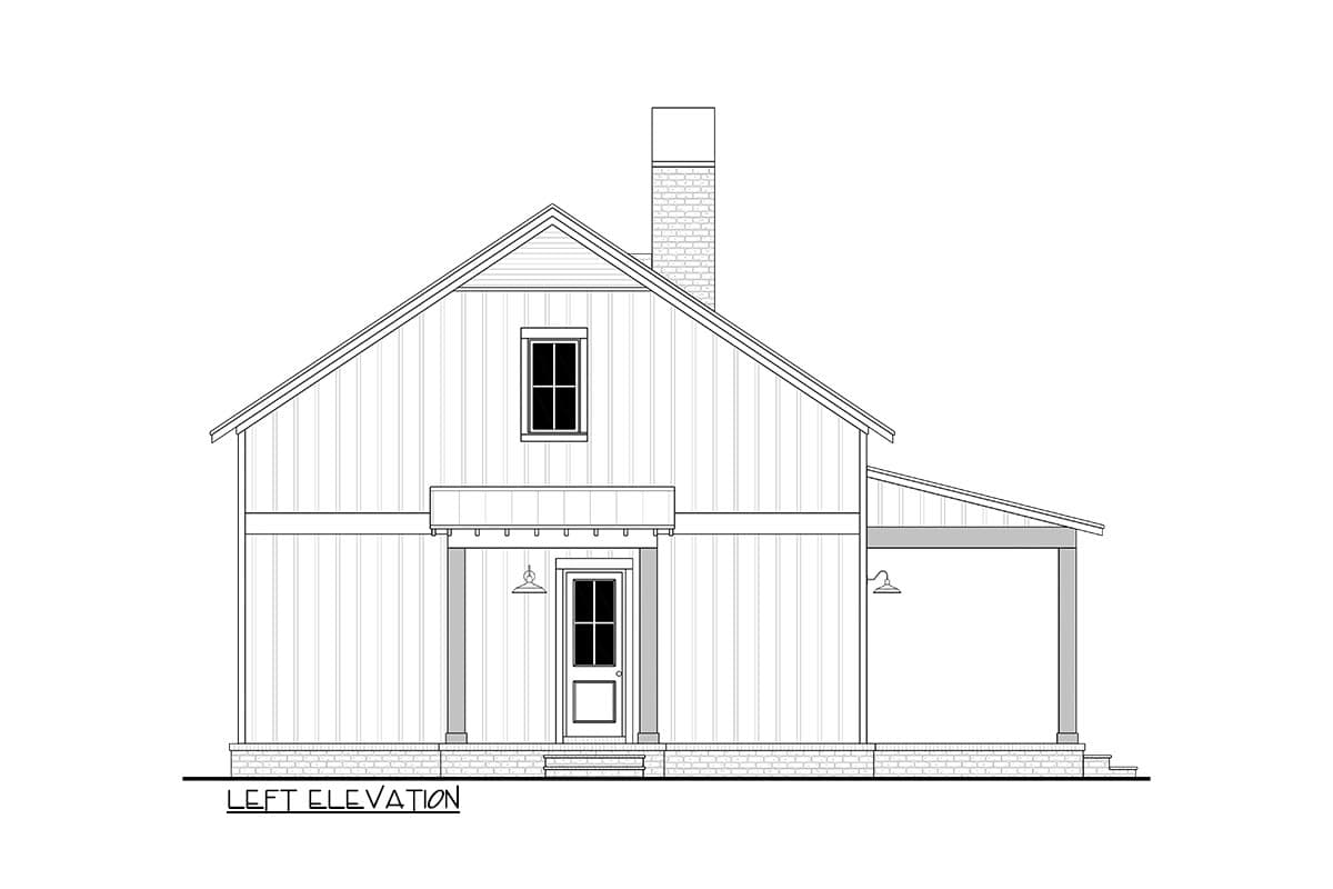 Left elevation drawing of a house plan featuring a gable roof, brick chimney, covered front porch with columns, and vertical siding.