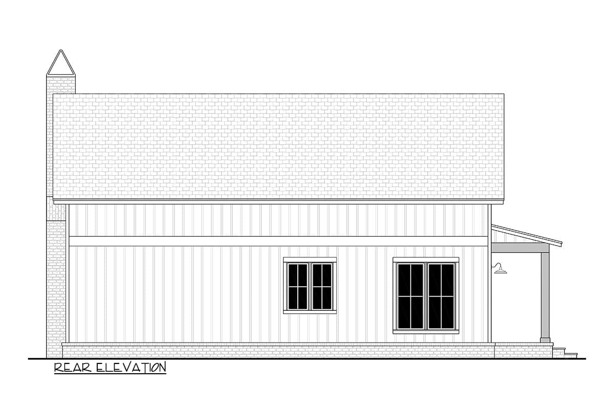 Rear elevation drawing of house plan with brick chimney, vertical siding, two windows, and a small porch.