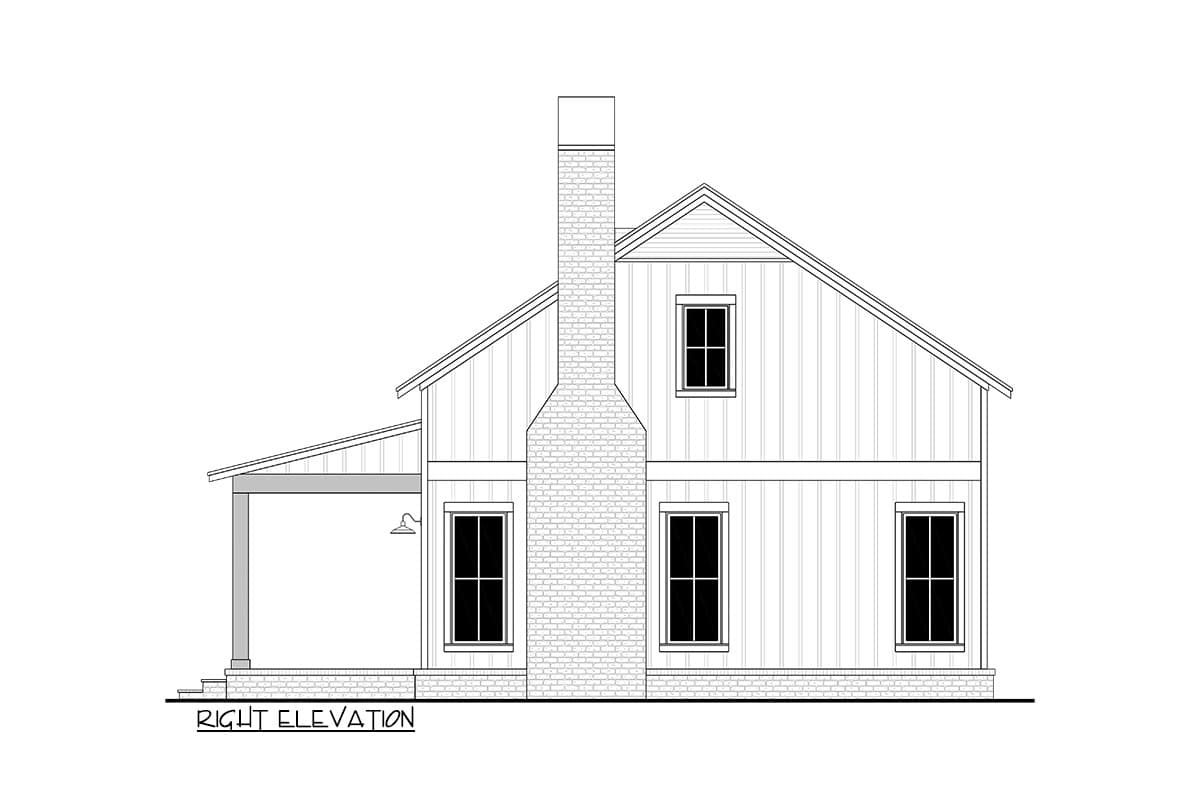 Right elevation drawing of a two-story house plan with a prominent brick chimney, gabled roof, and covered porch.