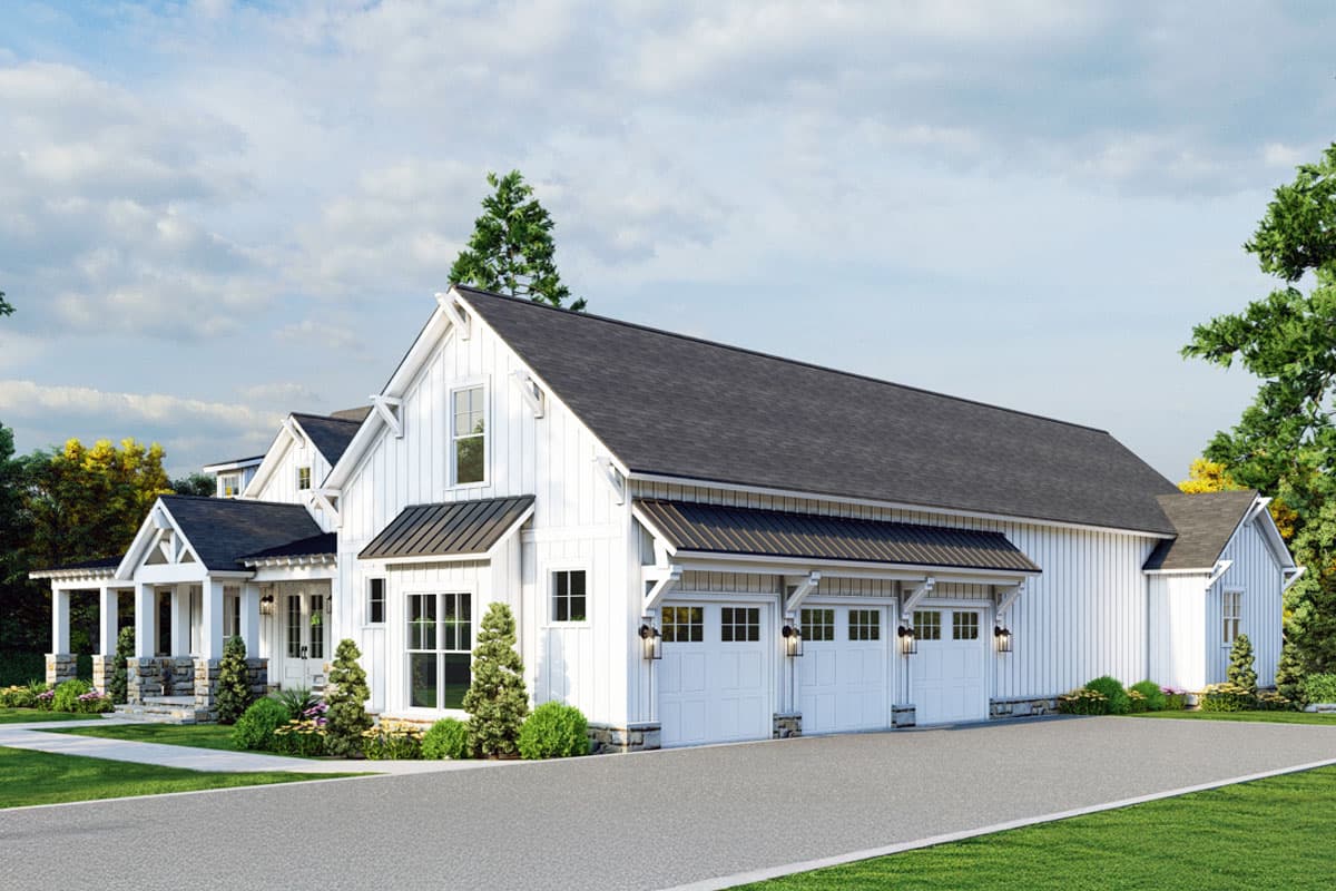 Modern Farmhouse house plan exterior with three-car garage, gables, dormers, and covered front porch.