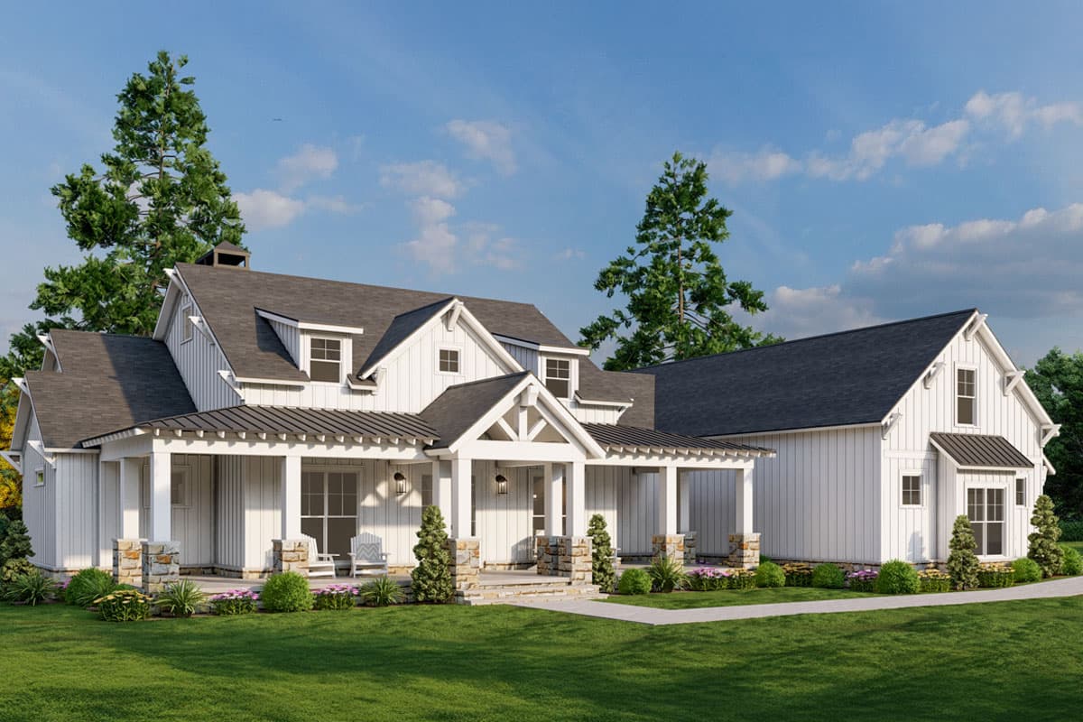 Modern Farmhouse house plan exterior with white board-and-batten siding, gables, dormers, and a covered front porch with stone pillars.