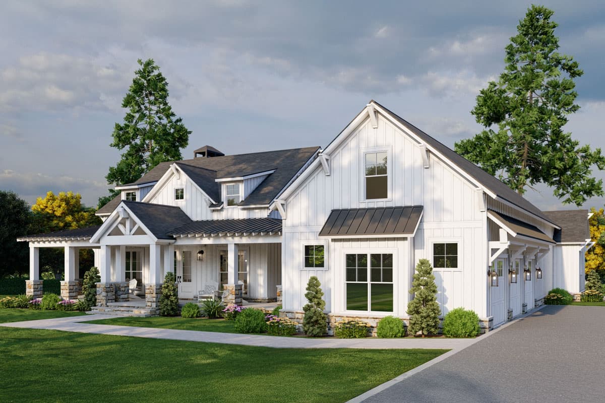 Modern Farmhouse house plan exterior with a wraparound porch, board and batten siding, and a detached garage.