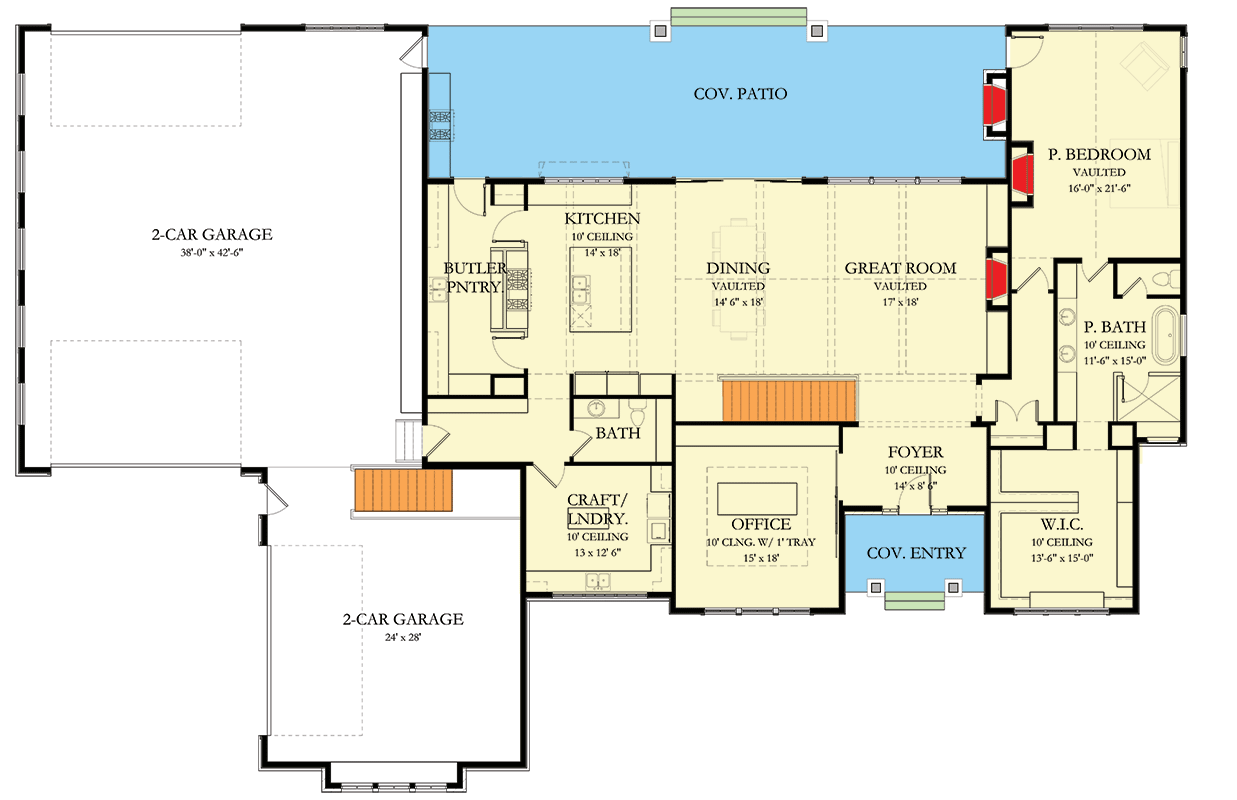 Plan 490124NAH: 4-Bed New American House Plan with Home Theater - 5494 Sq Ft - Floor Plan - Main Level - New American, Ranch, Transitional
