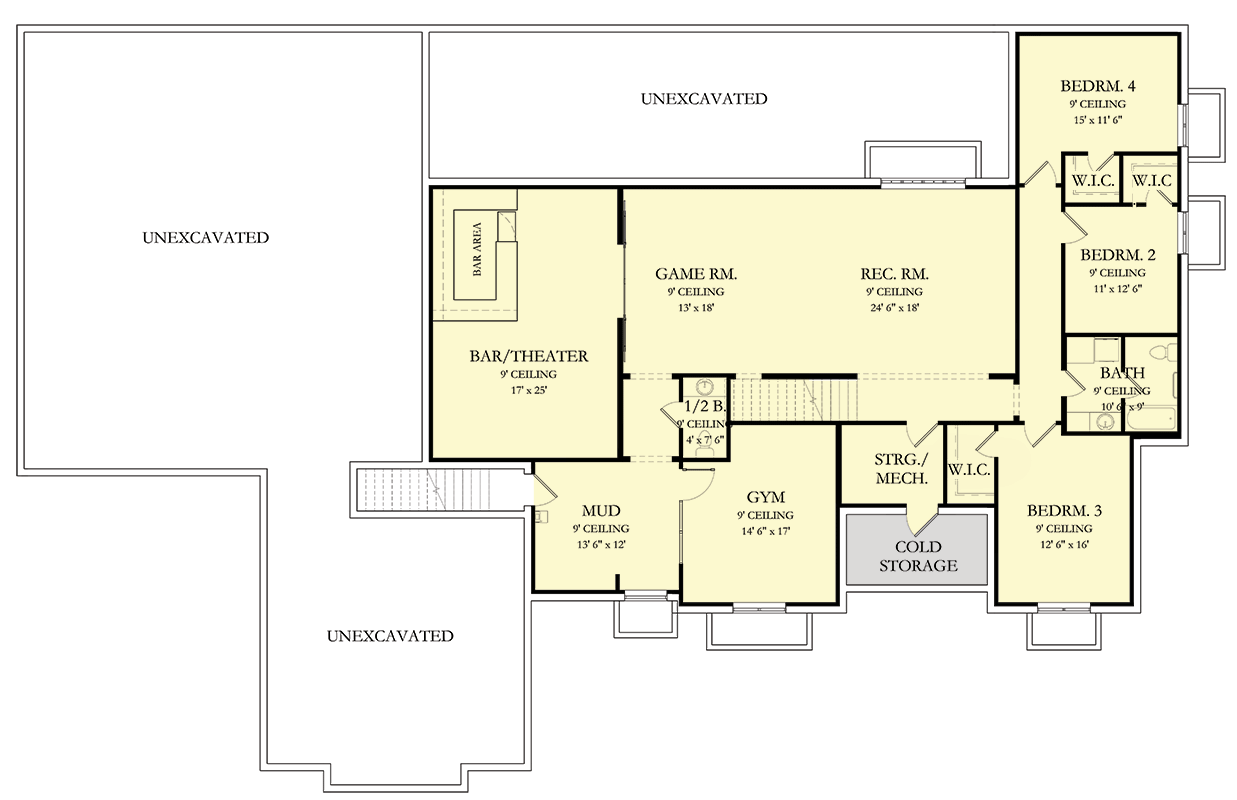 Plan 490124NAH: 4-Bed New American House Plan with Home Theater - 5494 Sq Ft - Floor Plan - Lower Level - New American, Ranch, Transitional
