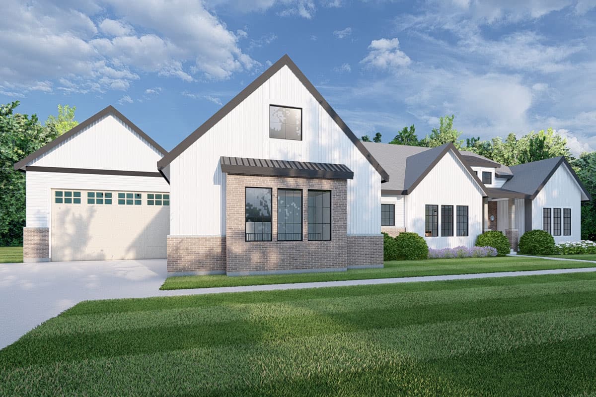 Modern Farmhouse house plan exterior with a large garage, gables, board and batten siding, and brick accents.