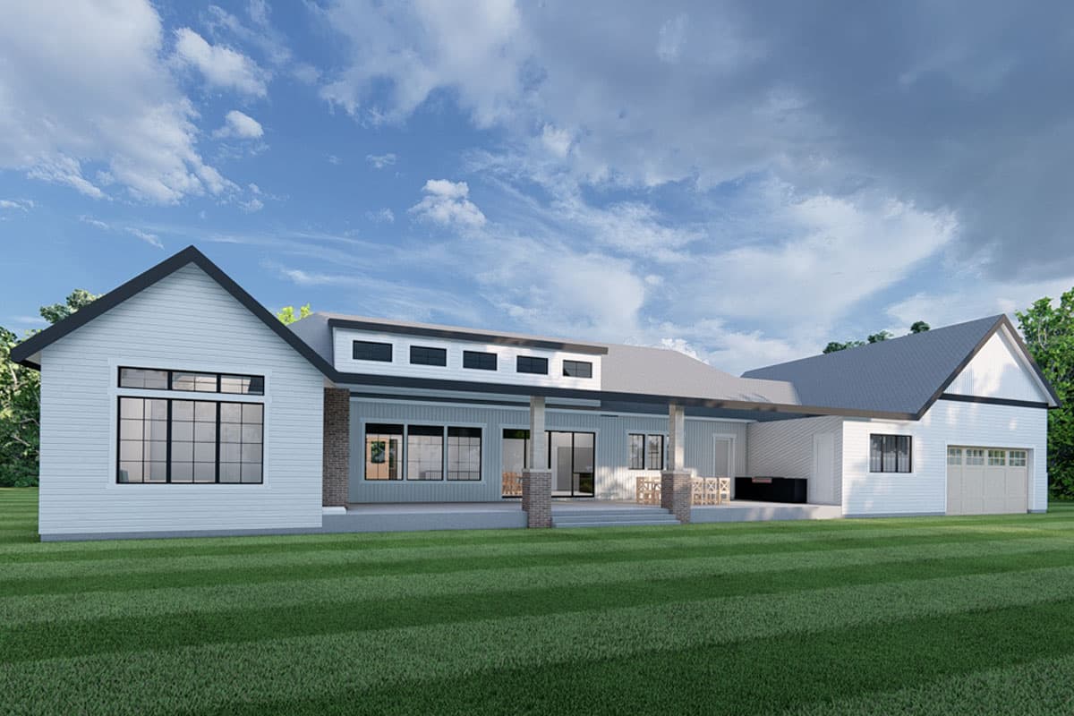 Modern house plan exterior: one story with gabled roof, covered porch with columns, large windows, and attached two-car garage.