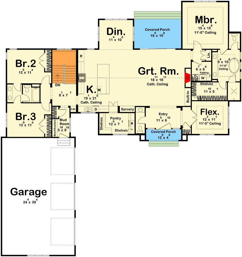 Plan 623454DJ: 3-Bed Single-Story Modern House Plan with Flex Room - 2574 Sq Ft - Floor Plan - Main Level - Contemporary, Modern