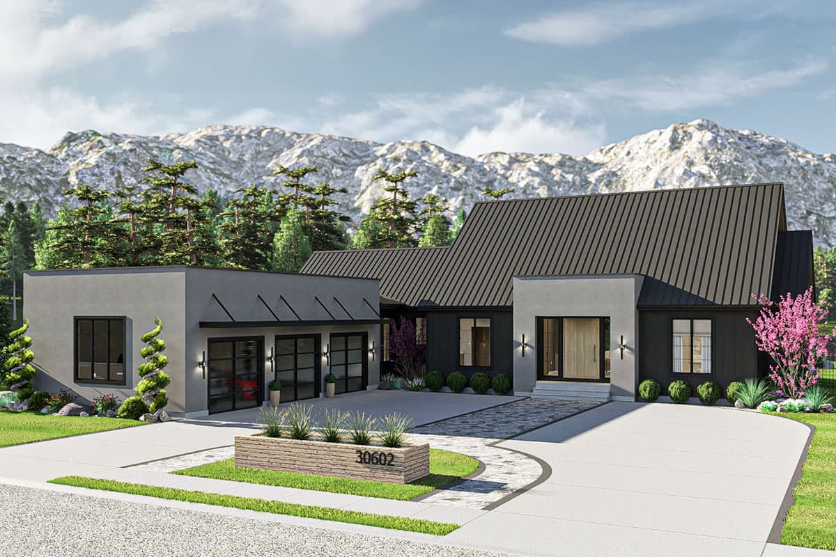 House plan exterior with modern style, featuring a two-car garage, contrasting rooflines, and a covered entry.