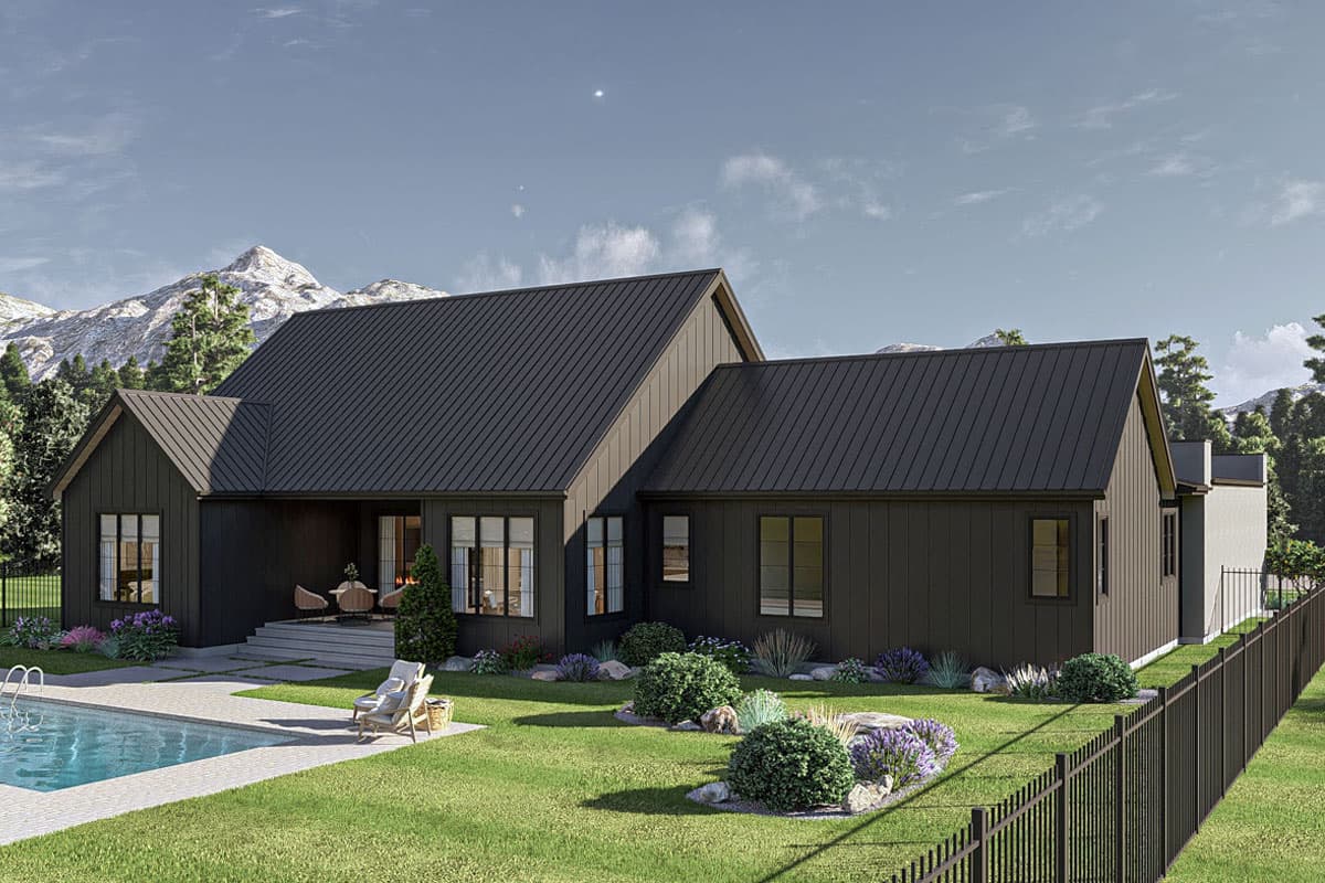 Modern house plan exterior, single story, dark vertical siding, gabled roof, covered porch with seating, and a swimming pool.