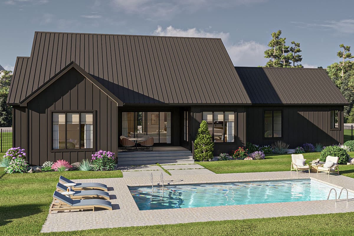 House plan exterior, modern style, dark vertical siding, gable roof, large windows, and a rear patio overlooking a pool.