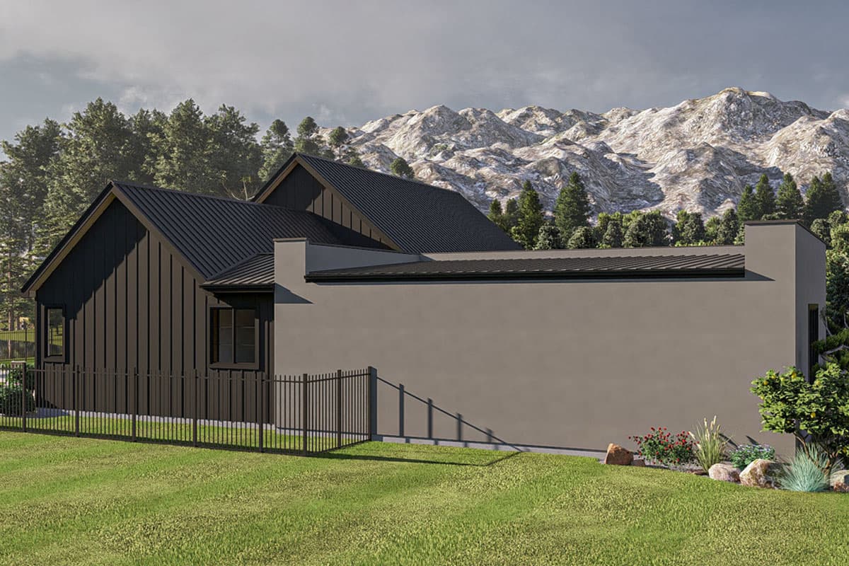 House plan exterior shows a modern barn style with dark vertical siding, standing seam roof, and a flat-roofed section.