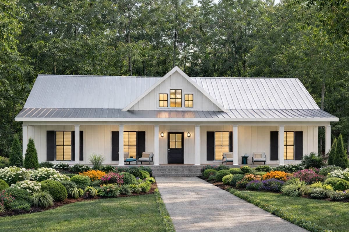 A white, modern farmhouse with a metal roof and a welcoming porch, nestled in front of a lush garden and surrounded by trees.