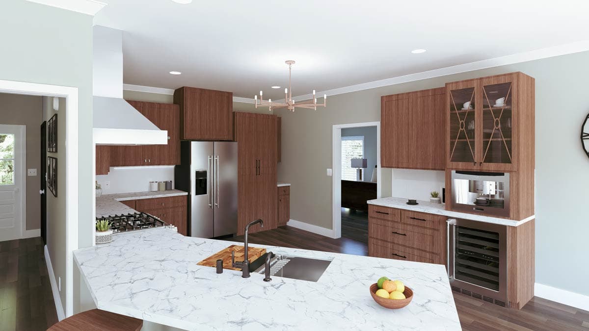 Contemporary kitchen rendering with wood cabinetry, stainless steel appliances, a large island with a sink, and a built-in coffee maker.