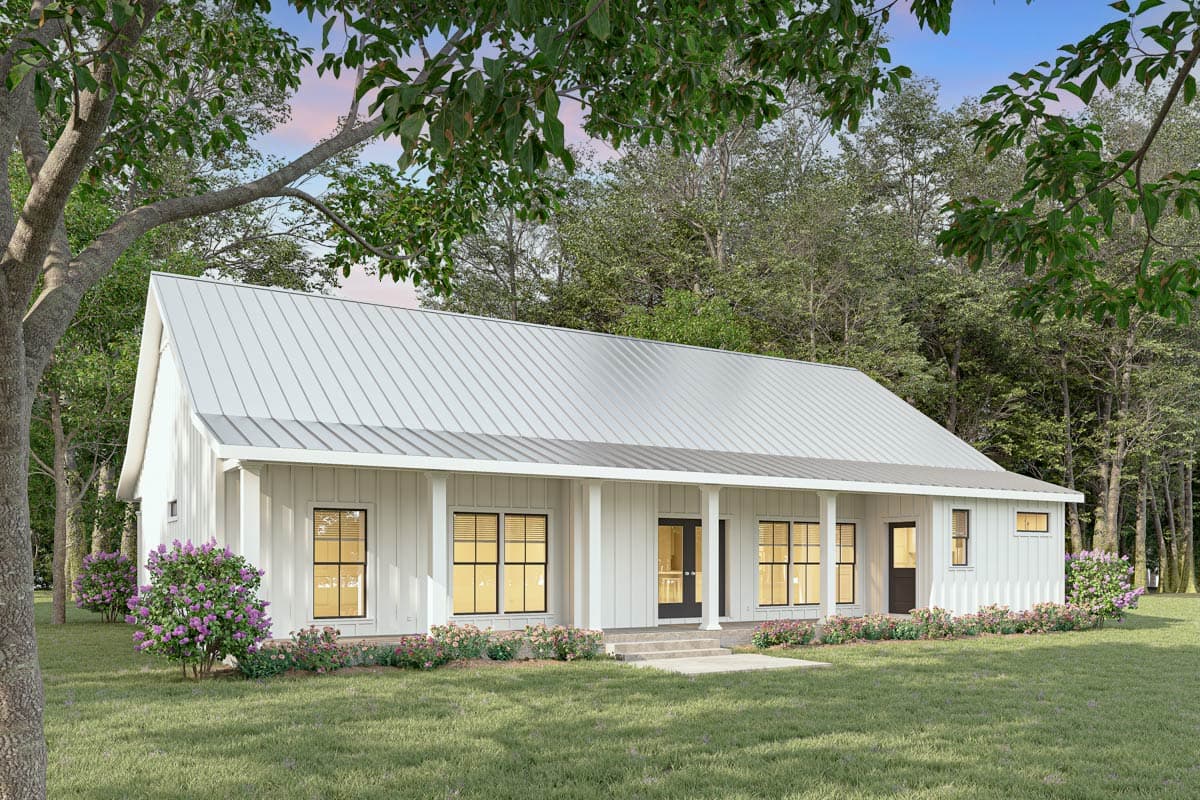 Modern Farmhouse house plan exterior, one story, white vertical siding, standing seam metal roof, full-width covered porch.