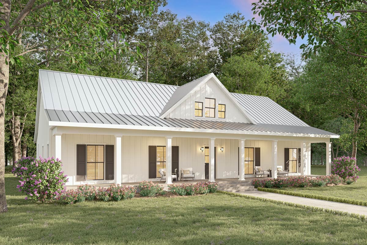 Modern Farmhouse house plan exterior with wraparound porch, gabled dormer, and metal roof.