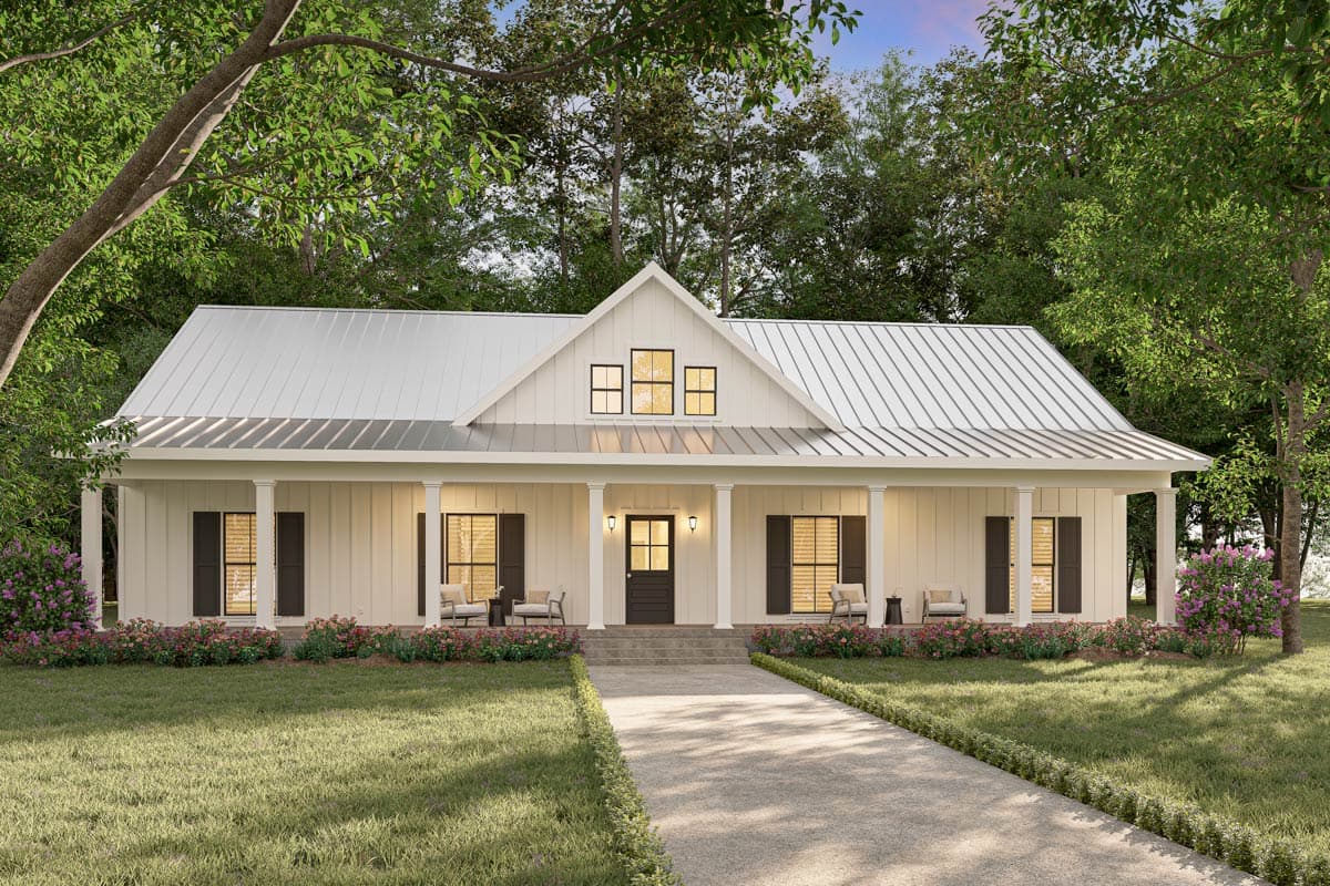 Modern Farmhouse house plan exterior with a metal roof, gabled dormer, and a wide front porch supported by columns.