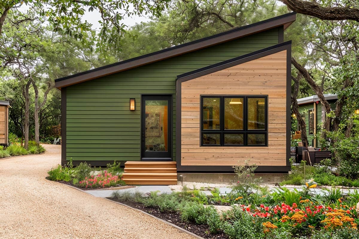 House plan exterior. Modern style with contrasting siding, sloped roofline, and large windows. The entry has a glass door and wood steps.