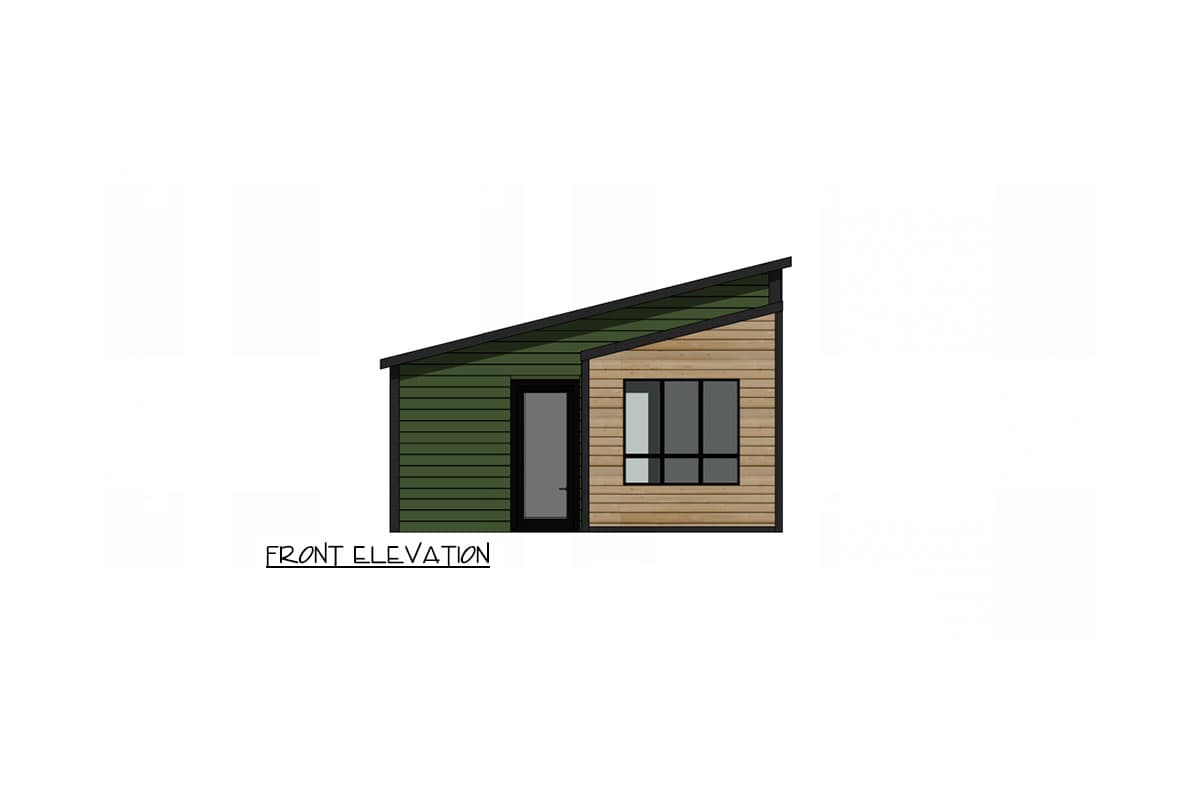 Front elevation of a modern house plan with a single story, sloped roof, green siding, wood paneling, a door, and large windows.
