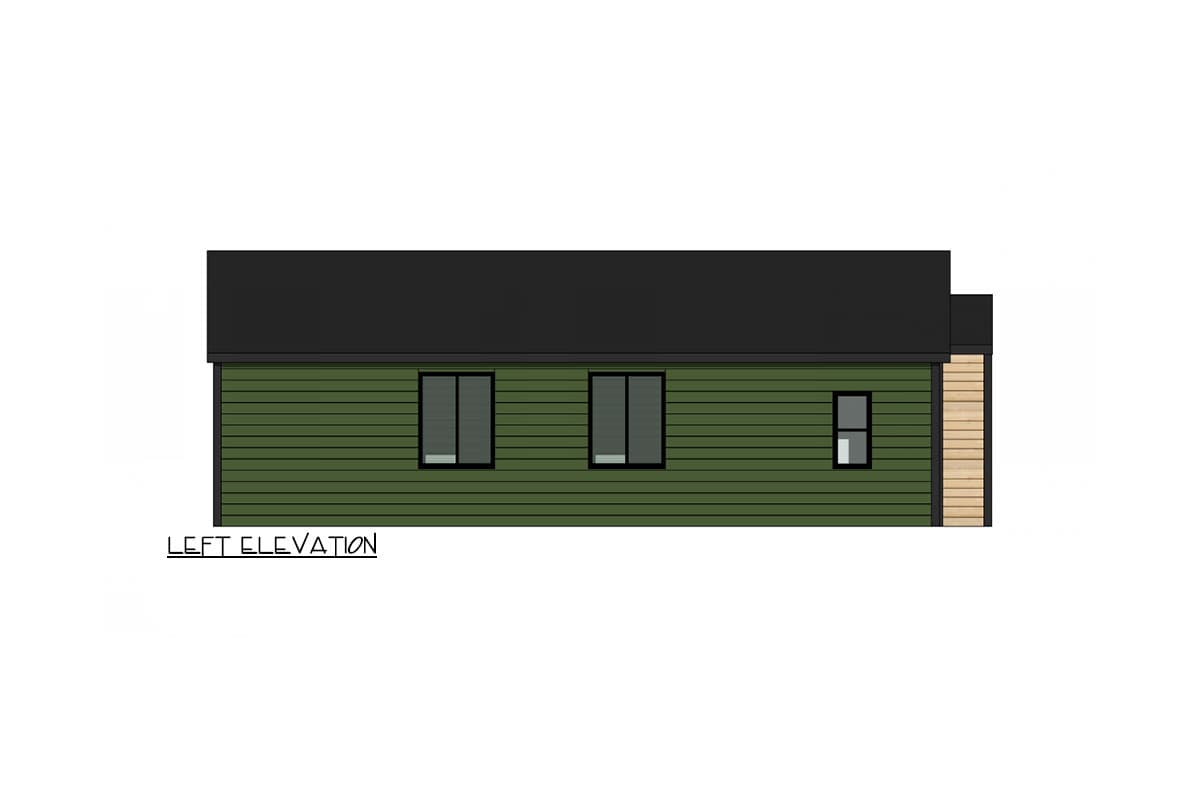 Left elevation drawing of a single-story house plan with horizontal siding, a dark roof, and three windows on the left side.