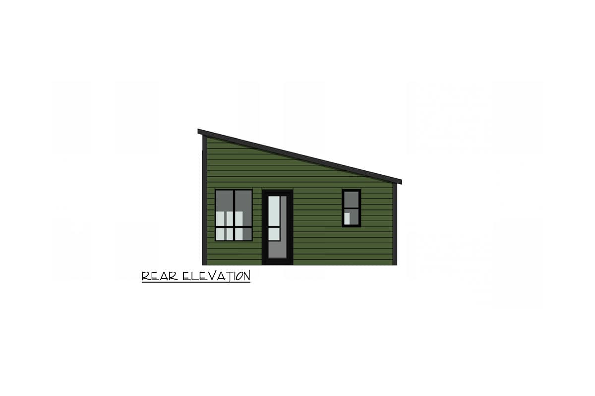 Rear elevation drawing of a small house with a sloped roof, featuring a central door and two windows.