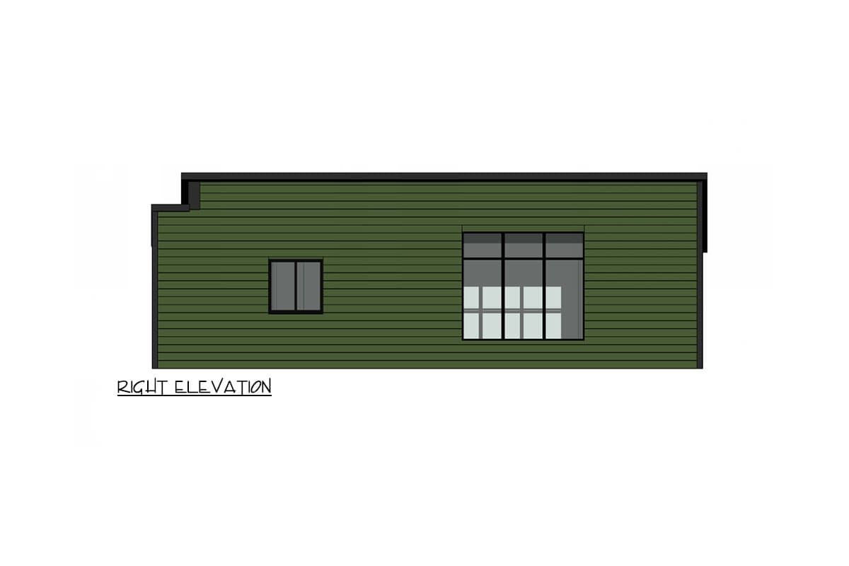 House plan right elevation, showing green horizontal siding and two windows of varying sizes.