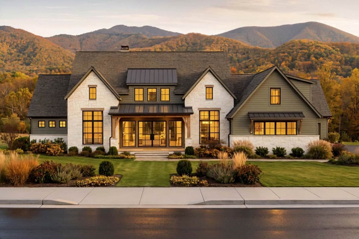 Modern Farmhouse house plan exterior with white stone, dark gables, prominent dormers, and large metal-clad windows.