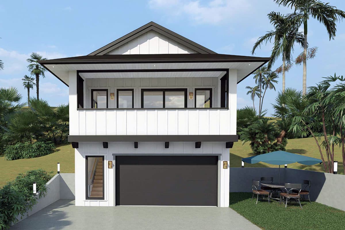 House plan exterior. Two-story, modern-style home with balcony and gable roof. Includes garage and board-and-batten siding.