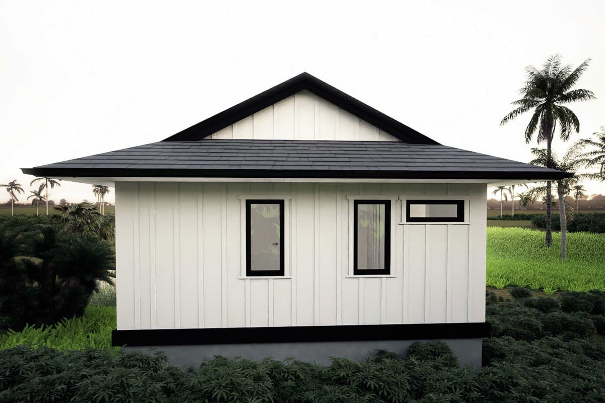 House plan exterior with board-and-batten siding, a low-pitched gable roof, and rectangular windows.