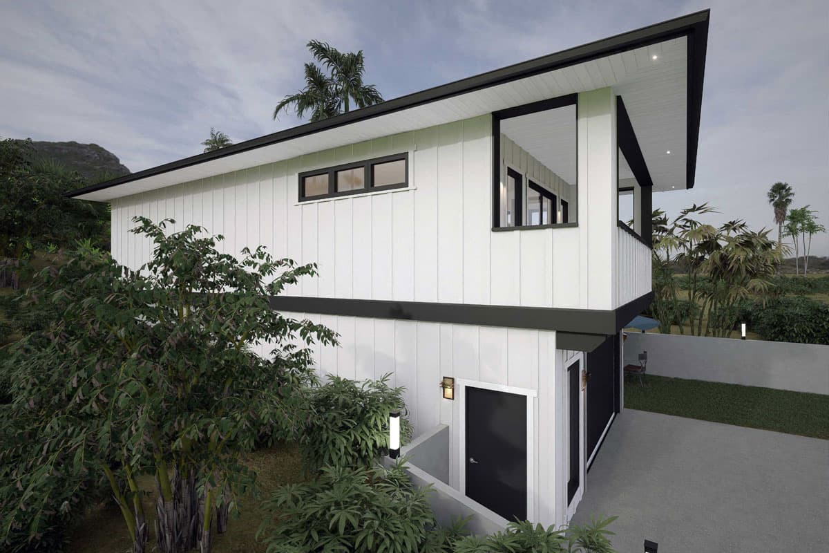 Modern two-story house plan with white vertical siding, black trim, cantilevered upper level, and balcony.