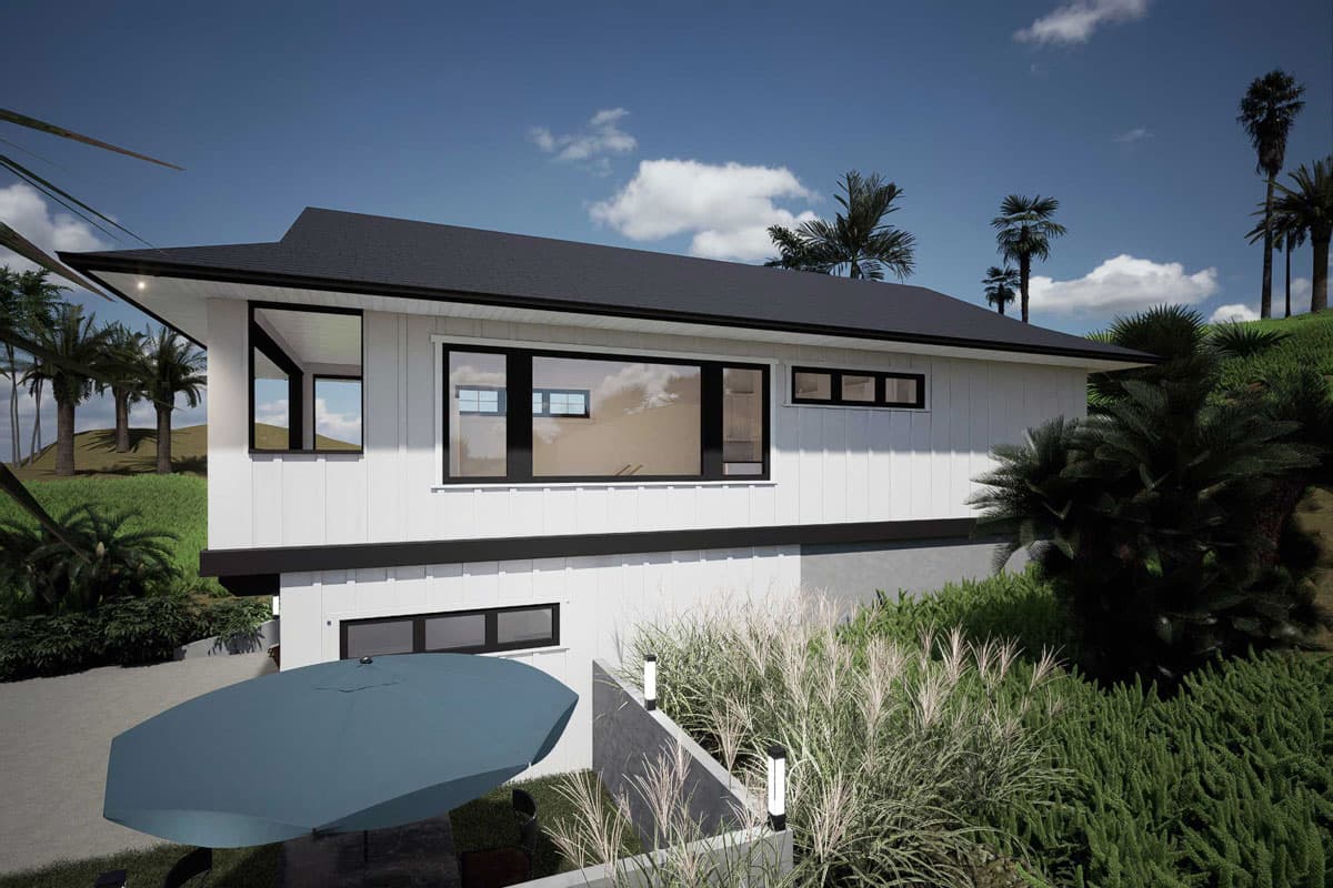 Modern house plan exterior, one story, white vertical siding, expansive black-framed windows, flat roof.