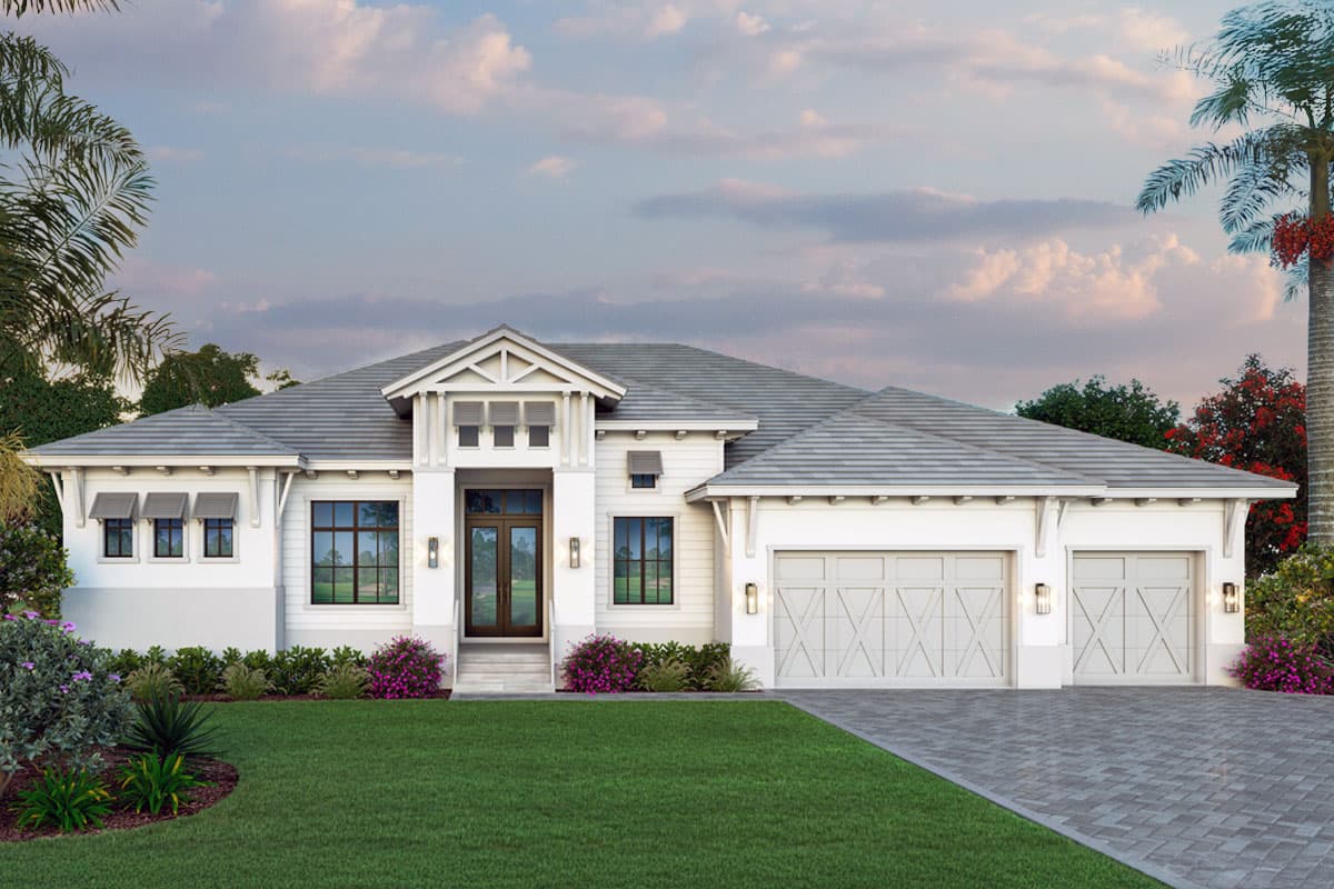 House plan exterior. Coastal style, single story home with gabled roof, shuttered windows, and a 3-car garage.