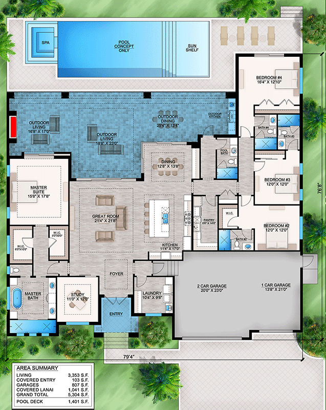 Plan 86158BW: 4-Bed Florida House Plan with Outdoor Living Space - 3353 Sq Ft - Floor Plan - Main Level - Coastal, Florida-Style