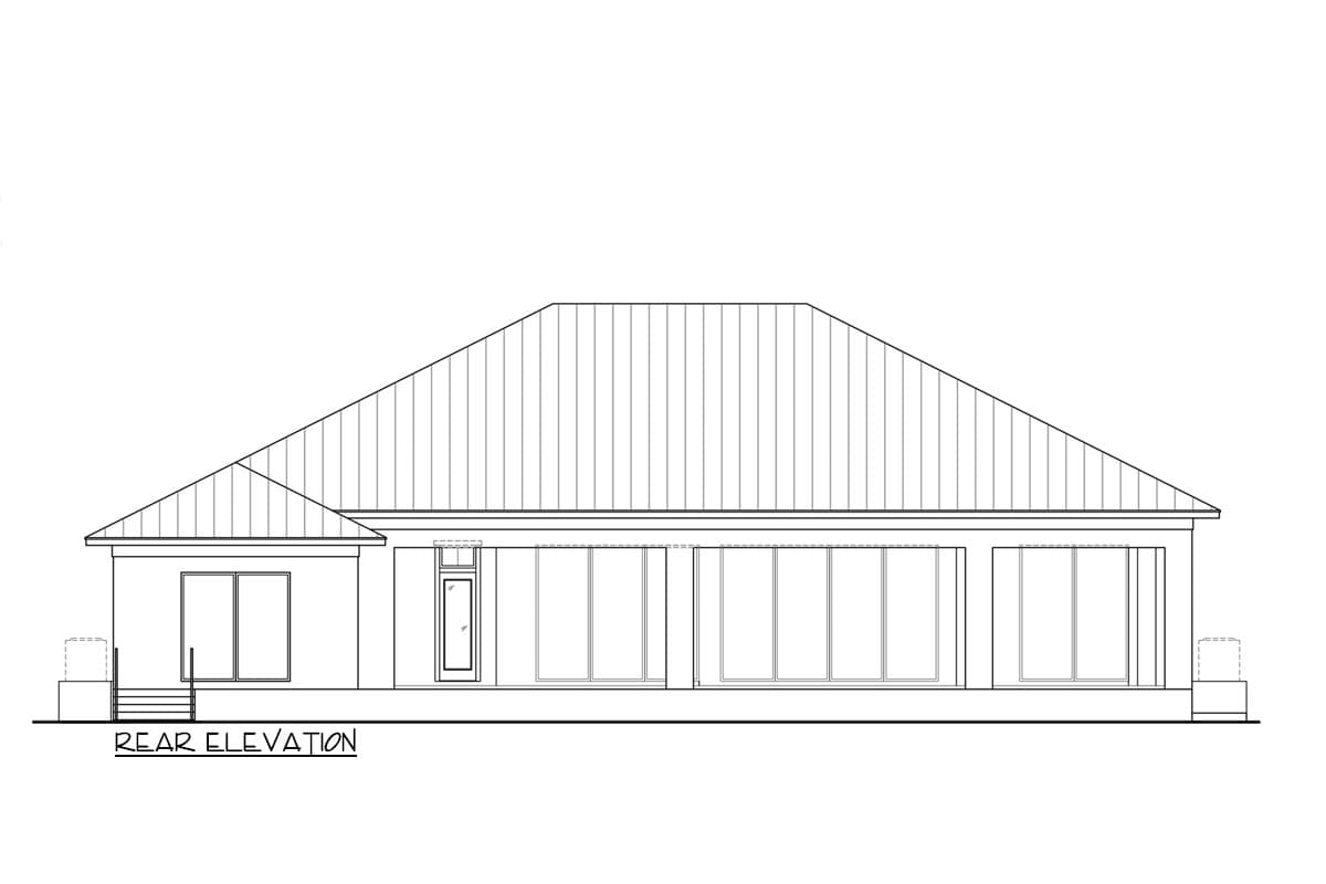 Rear elevation drawing of a single-story house plan with a hipped roof, large windows, and a centered entry door.