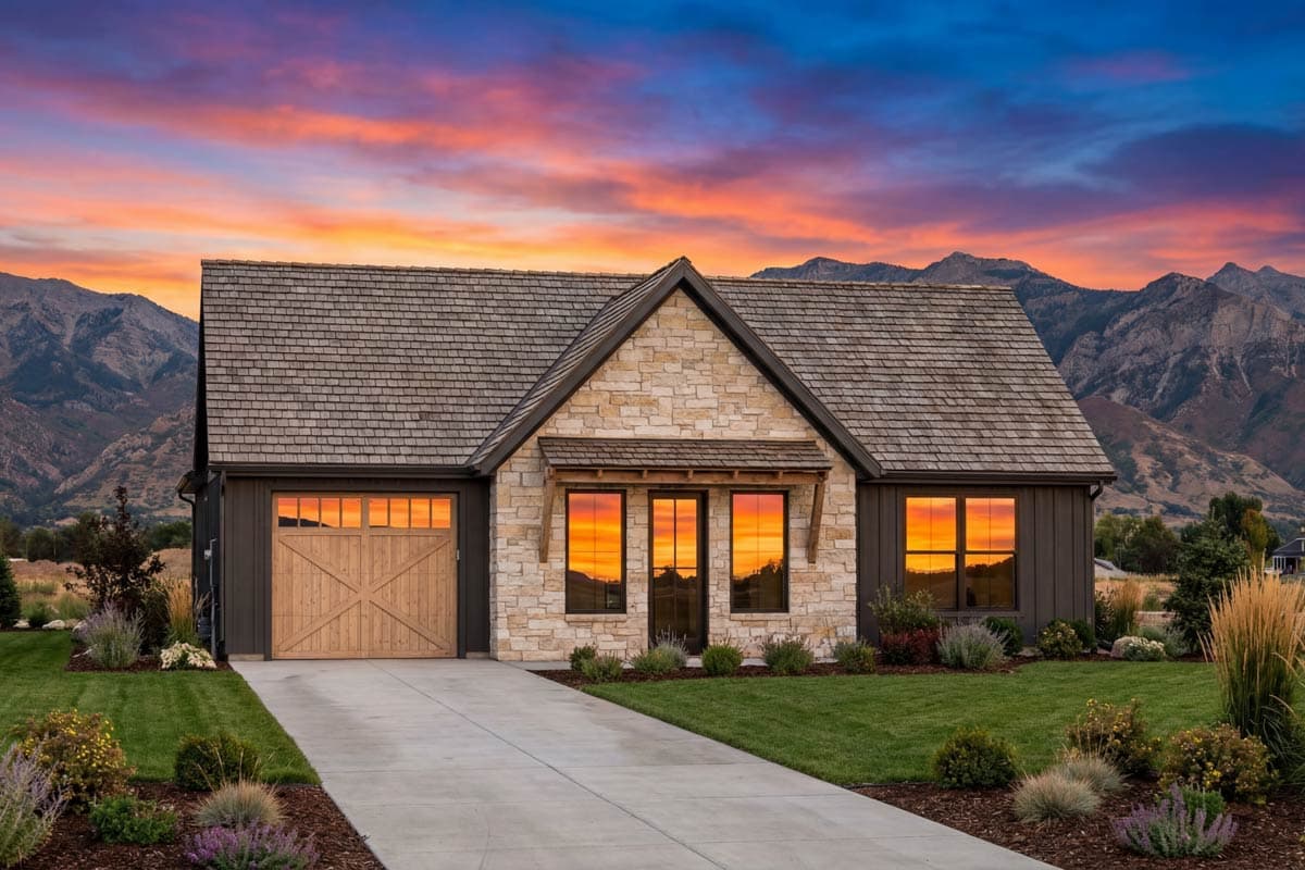 House plan exterior: Modern Farmhouse style, single story, featuring stone accents, wood garage door, and cedar shake roof.